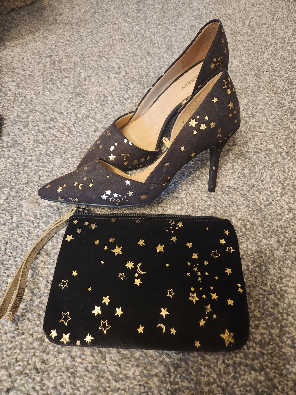 Old Navy Black Pointed-Toe Star & Moon High Heels with Matching Wristlet